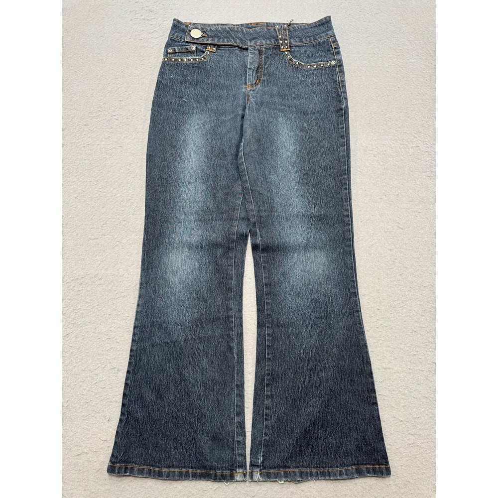 Y2K Bootcut Jeans Women's 14 Blue Dark Wash Denim Relaxed Fit Embellished Retro